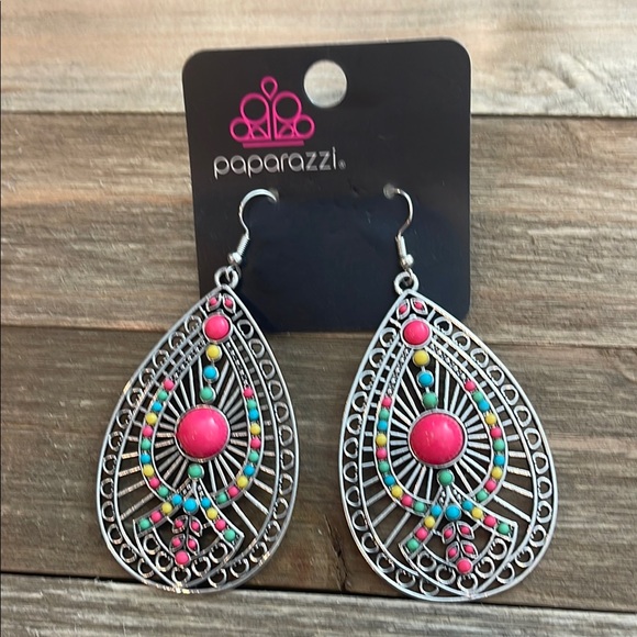 ❄️ Paparazzi | Silver and Pink Teardrop Earrings Boho Shabby Chic - Picture 9 of 10
